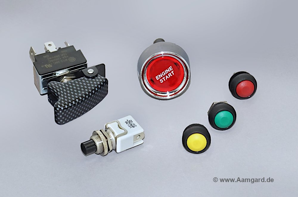 starter switches, coloured push buttons and safety caps for toggle switches