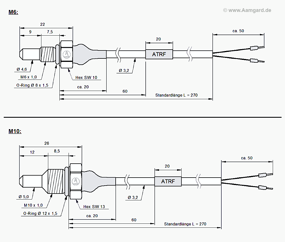 dimension drawings temperature sensor ATRF M6 and M10