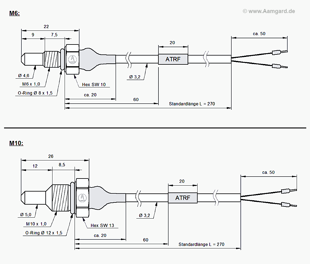 Maßzeichnungen Temperatursensoren ATRF M6 und M10