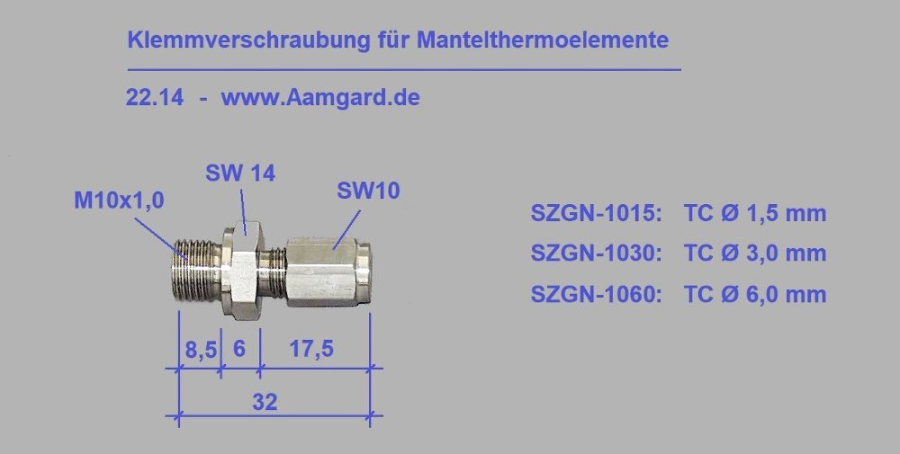 Maßzeichnung Klemmverschraubung für Thermoelemente