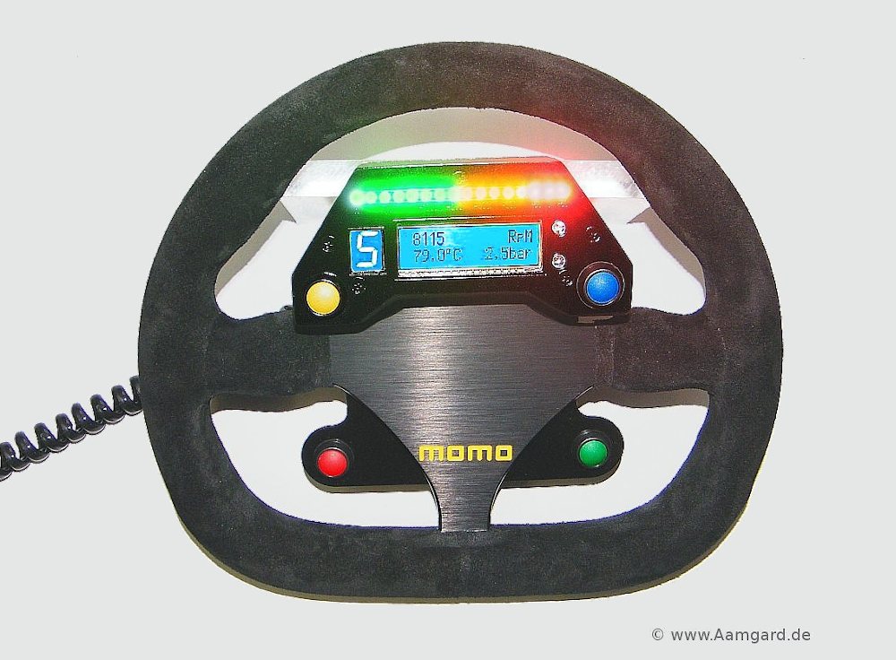 racecar steering wheel with gear display, data display and shift light